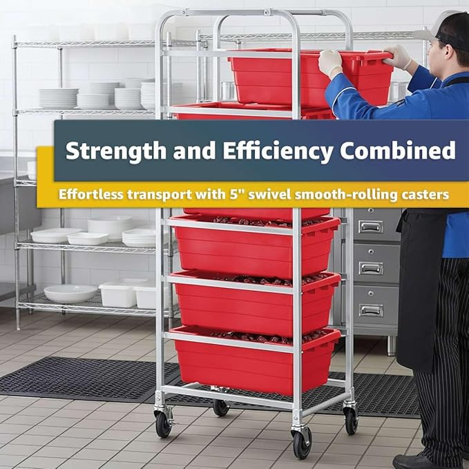 19"x26"x69" Mobile Aluminum Lug Rack with 6 Yellow Meat Lugs/Tote Boxes - NSF Heavy-Duty Commercial Portable Storage Cart with 5" Casters, 400 lb., Food Prep and Dishroom Durable Utility Rack