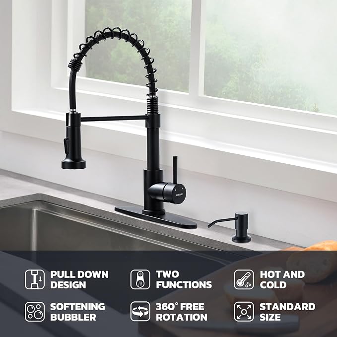 WEWE Kitchen Faucet with Soap Dispenser, Stainless Steel, Matte Black | 2 Modes - Image 2
