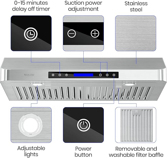 EKON 30 inches Under Cabinet Range Hood, 900 CFM Stainless Steel Kitchen Chimney Vent, 4 Speed Touch Screen Control With Remote 2Pcs 3W LED lights Dishwasher-safe Filters Fan Timer
