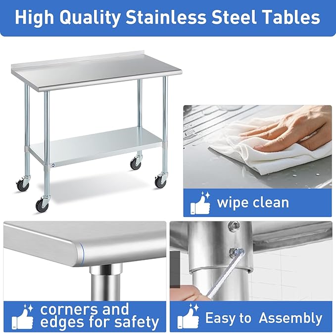 Stainless Steel Table for Prep & Work with Caster & Backsplash 30x60 Inches, NSF Metal Commercial Kitchen Heavy Duty Table with Adjustable Under Shelf and Table Foot for Restaurant, Home and Hotel