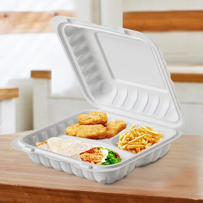 Food Containers 8" 34 oz 55 Pack - Mineral Filled PP Plastic 3 Compartment | Shrink Wrapped Food Grade BPA Free Clamshell | Reusable Dishwasher & Microwave Safe | White Commercial To Go Boxes