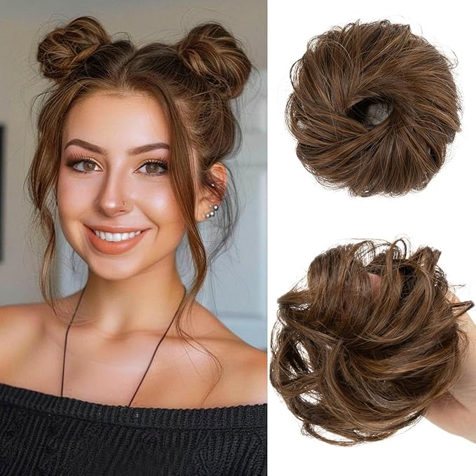CJL HAIR 2PCs Small Cute Messy Bun Hair Piece for Thin Hair Women Mini Synthetic Curly Bun Scrunchies Updo Hairpieces Chocolate