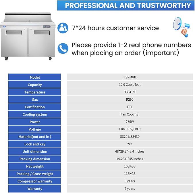 48" W 2 Door Refrigerator Sandwich Salad Prep Table Commercial Stainless Steel Fan Cooling Refrigerator with Cutting Board, 2 Shelves & 12 Pans for Restaurant, Bar, Shop-12.9 Cu.ft
