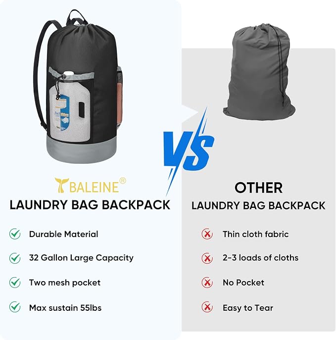 BALEINE 2PK 120L Laundry Bag Backpack, 900D Oxford Fabric Large Travel Laundry - Image 6