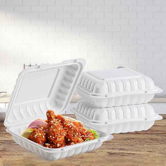 To Go Containers 8" 34 oz 55 Pack - Shrink Wrap BPA Free Mineral Filled PP | Reusable Dishwasher & Microwave Safe | Reusable Stackable Clamshell Takeout Picnic | White Catering Food Container