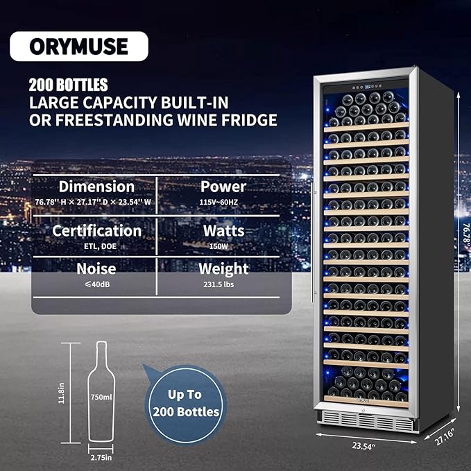 Large 200 Bottle Wine Fridge - 24 Inch Wine Cooler Refrigerator, Freestanding and Built-in Design, Upgraded Compressor Cooling, Intelligent Temperature Memory