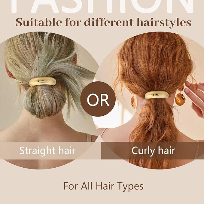 4PCS Gold Hair Ties, Metal Hair Ties for Thick Hair, Elegant Durable Round Geometric Design Hair Cuffs, Gold Hair Accessories Stretchy Non-Damage Ponytail Holders