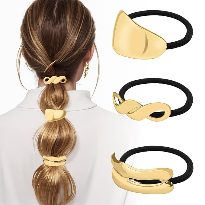3PCS Metal Hair Tie For Women,Gold Cuffs,Metal Geometric Gold Hair Ties, Hair Accessories Stretchy and Non-Damage Ponytail Holders,Ponytail Cuff Hair Bands For Hair Styling (SET12)