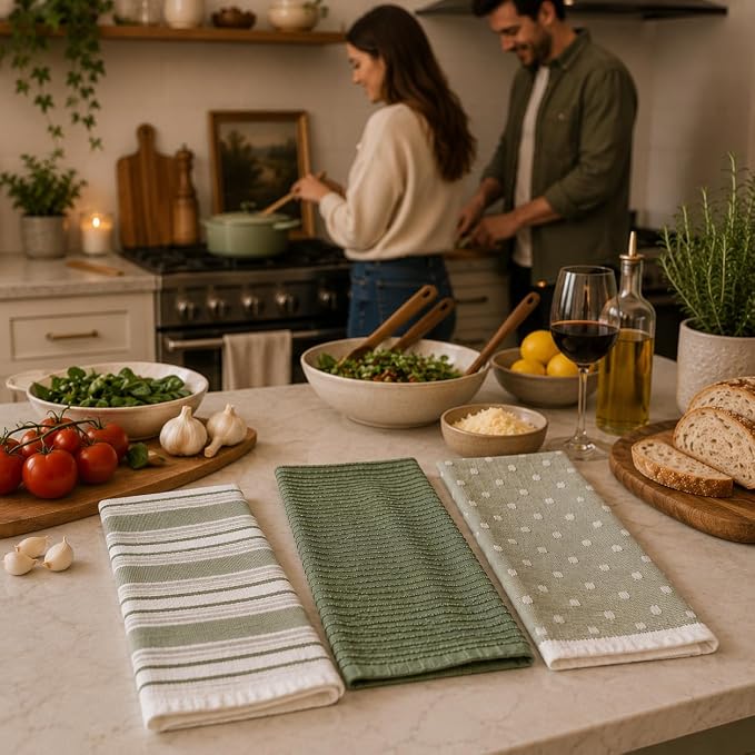 Sage Green Striped Kitchen Hand Dish Towels, 100% Cotton - Image 4
