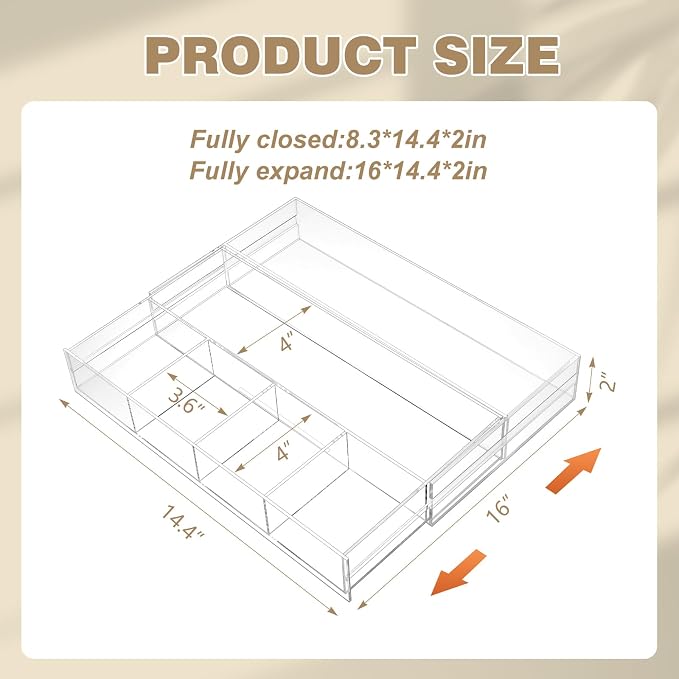 Briwooody Clear Acrylic Drawer Organizer Expandable, 7 Compartments, Medium | - Image 3