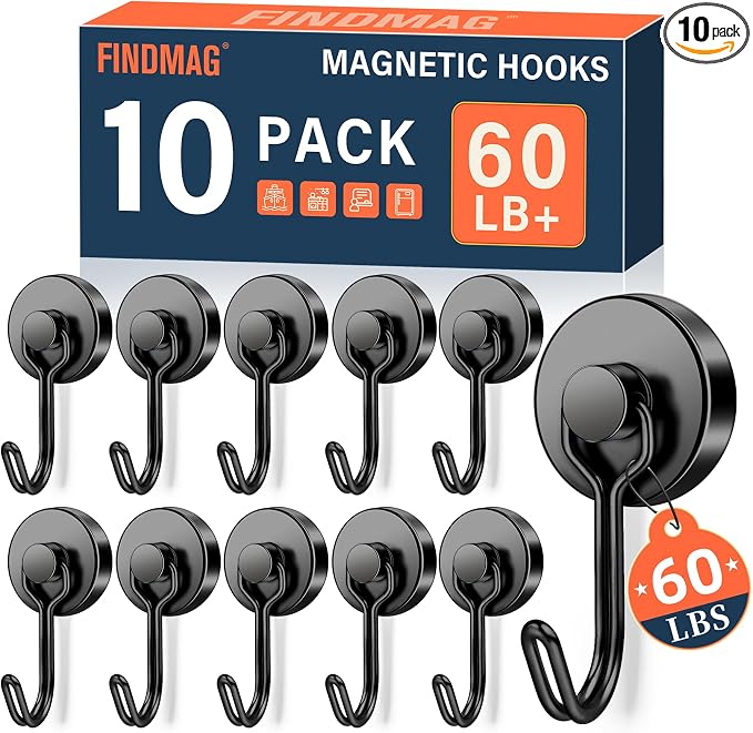 FINDMAG 10 Pack Black Magnetic Hook, 60LB+ Magnetic Hooks by FINDMAG