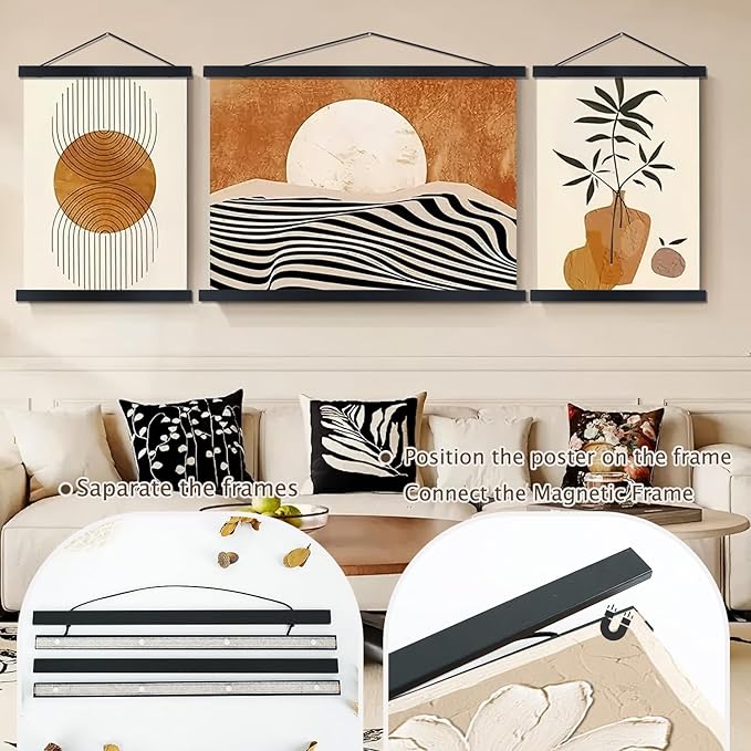 2 Pack Magnetic Poster Hanger Frame, 11x14 11x17 11x22 Light Wood Wooden Magnet Canvas Artwork Print Dowel Poster Hangers Frames Hanging Kit (Black, 11", 2 Packs)