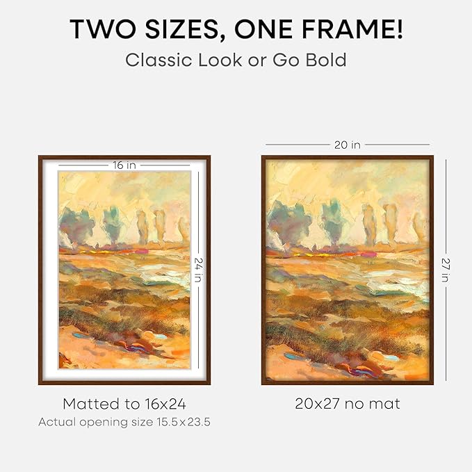 Homeforia 20x27 Picture Frame Brown, High End Dark Oak 20x27 Poster Wood Frame with Mat 16x24 for Photo, 20 x 27 Wooden Walnut Frame Matted to 16 x 24, 27x20 Frames, Tempered Glass, Wall Kit, Set of 2