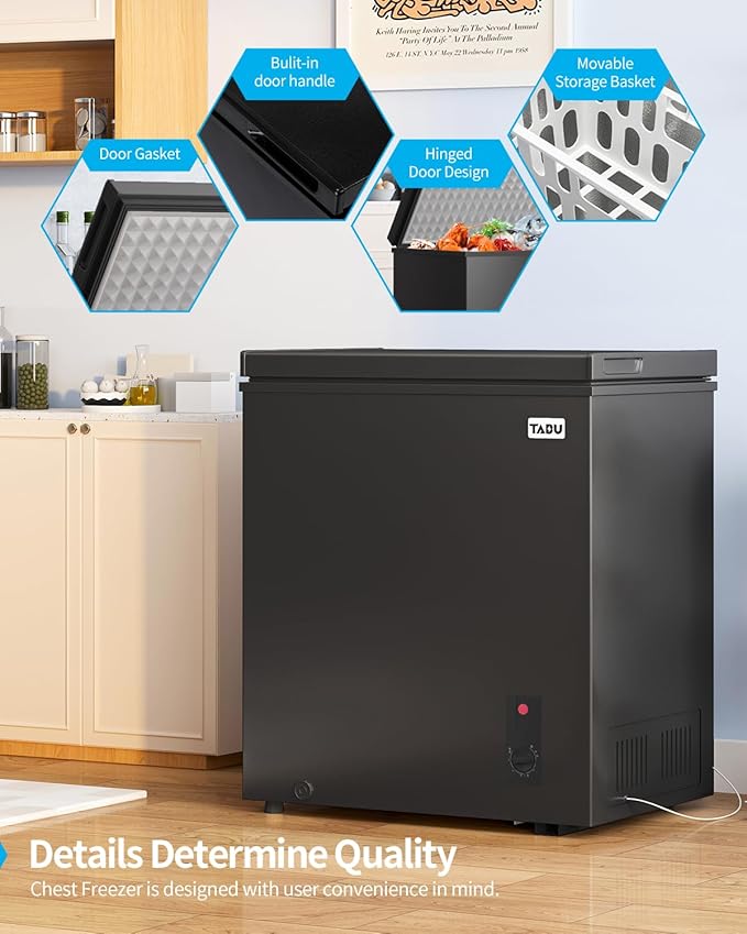 TABU 3.5 Cubic Feet Chest Freezer, Freestanding Compact Top-Opening Deep Freezer with 7 Level Adjustable Thermostat & Removable Basket, Low Noise(Black, 3.5 Cu.Ft.)