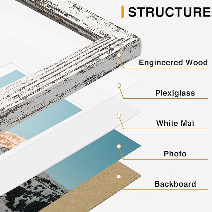 Vittanly 10 Pack Picture Frames Collage Wall Decor, Gallery Wall Frame Set for Wall or Tabletop Display, Multi Sizes with Two 8x10, Four 5x7, and Four 4x6 Photo Frames, Black&Brown&Distressed White
