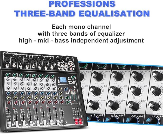 Depusheng DT8 Professional Mixer Sound Board Console 8 Channel Desk System Interface Digital USB Computer MP3 Input 48V Phantom Power Stereo DJ Studio FX Steel Chassis,Black