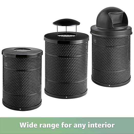 32 Gallon Perforated Recycle Container with Rain Bonnet Lid, Steel Outdoor Heavy-Duty Commercial Trash Can, Black Round Waste Bin, Durable Garbage Can for Municipalities, Schools, Parks, Parking