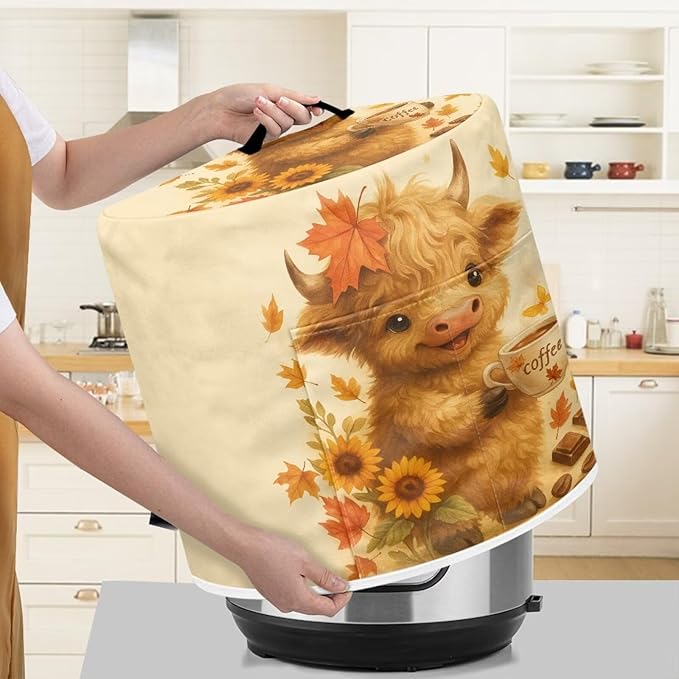 Thanksgiving Day Decor Kitchen Appliance 6 Quart Pressure Cooker Air Fryer Rice Cooker Dust Cover with Top Handle and Storage Pocket Maple Leaf Cute Highland Cow
