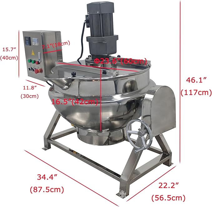 52Gal Commercial Jacketed Kettle with Stirrer Stainless Steel Tilting Stirring Jacketed Kettle for Food Processing Electric Heating 220V 60HZ 3-Phase 1.5KW