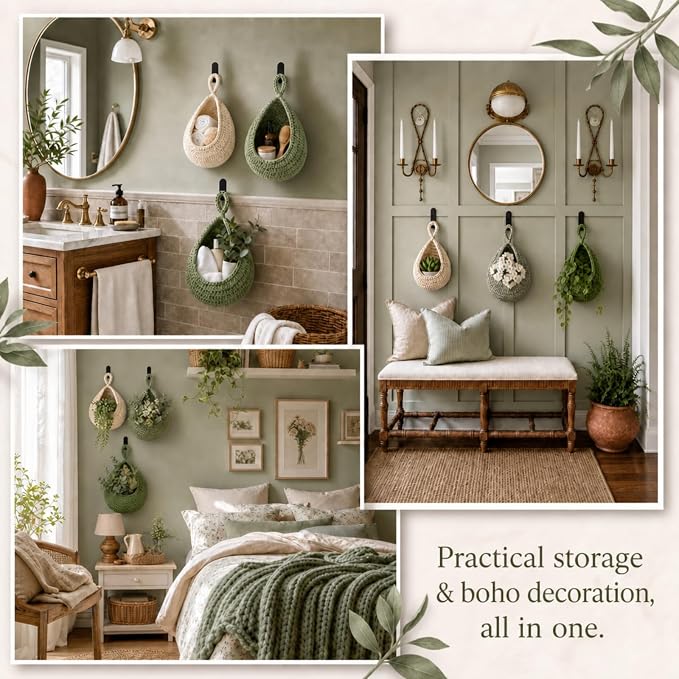 Honeydak 3 Hanging Baskets, Sage Green, Cotton Rope - Image 7