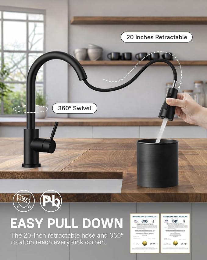 WEWE Pull-Down Kitchen Faucet, 3-Mode Sprayer, Matte Black | 360° Swivel - Image 3