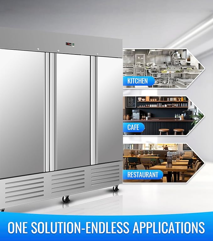 81" W Commercial Refrigerator, 72.6 Cu.ft Reach-In Triple Door Stainless Steel commercial fridge, 9 Shelves, Fan Cooling, Auto Defrost, Digital Thermostat - Ideal for Restaurant, Bar, Cafe, Shop
