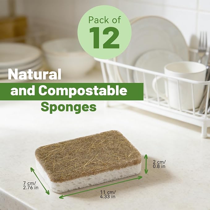 Natural Kitchen Sponges-12 Pack, Cellulose & Coconut Scrubber Dish Sponges | - Image 2