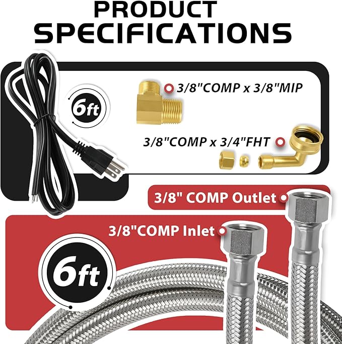 (5 Kit) Efield Dishwasher Installation Kit, 6 FT Stainless Steel Supply Hose, 3/8" X 3/8" Compression Adapter, 3-Wire 6” Power Cord with Tap,(HOSE149-5PCS)