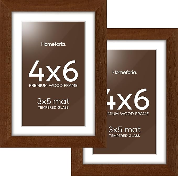 Homeforia 4x6 Brown Picture Frame, High End Dark Oak 4x6 Wooden Frames with Mat 3x5 Photo, 4 x 6 Walnut Wood Frame Matted to 3 x 5 Print, 6x4 Wall or Tabletop Frame, Tempered Glass, Wall Kit, Set of 2