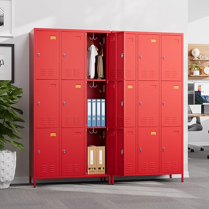 METAN Metal Locker for School Office Gym Bedroom,9 Doors Steel Storage Lockers Cabinet for Employees,Industrial Storage with Padlock,Assembly Required,Red