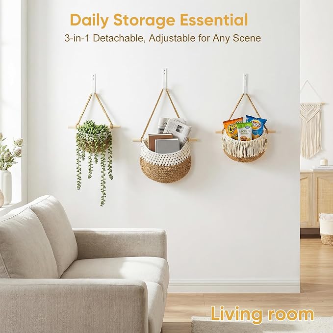 Macrame 3-Tier Hanging Wall Basket, Handwoven Jute Storage Organizer, Boho Decor - Image 5