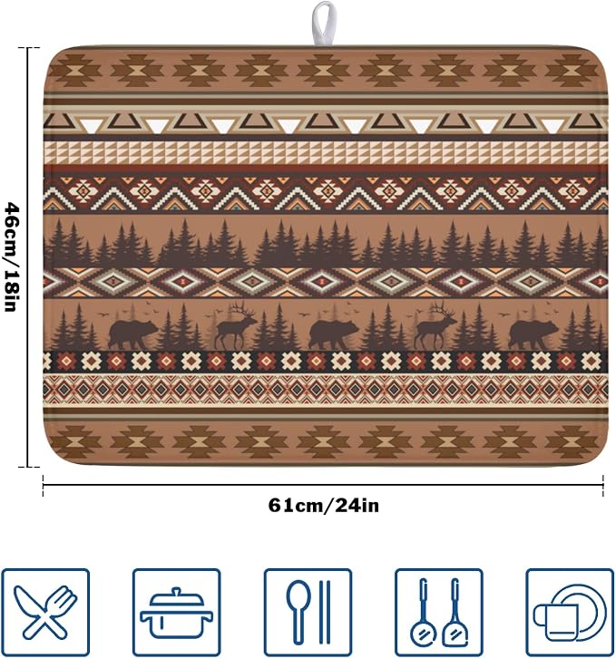 Giwawa Rustic Bear Deer Dish Drying Mat Boho Ethnic Drainer Rack Pad 18x24 Inch - Image 2