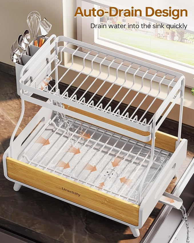 Urackify 2-Tier Stainless Steel&Bamboo Dish Rack - Image 4
