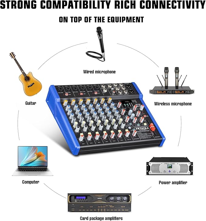 12-Channel Audio Interface Mixer Board, Bluetooth Studio Mixing Console XLR Microphone Jack 99 DSP DJ Mixer Audio Reverb Effect +48V Phantom Mixer For Karaoke Studio Streaming Recording