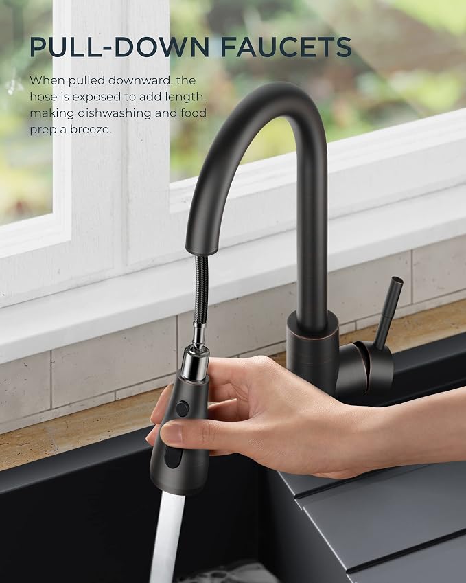 FORIOUS Kitchen Faucet Pull Down Sprayer, Single Handle, Oil Rubber Bronze | - Image 2