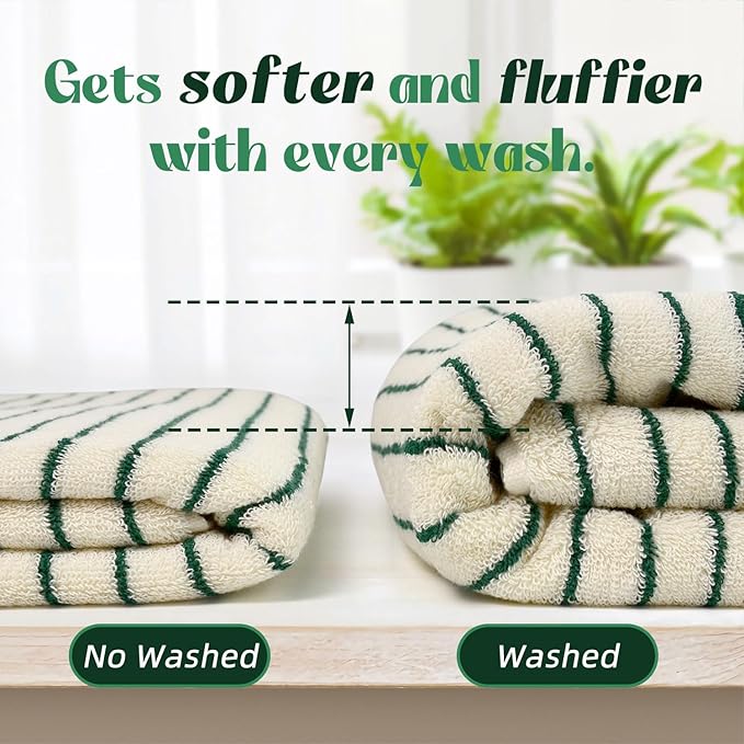 8 Piece Green Towel Set, Super Soft & Absorbent Cotton Striped Towels | - Image 6