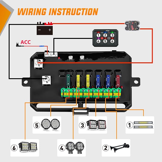 Nilight 6 Gang Switch Panel Circuit Control Relay System APP RGB Backlight Fuse Wiring Harness Toggle Momentary Strobe Flash Modes Automatic Dimmable 12V 24V for Car Truck Camper SUV