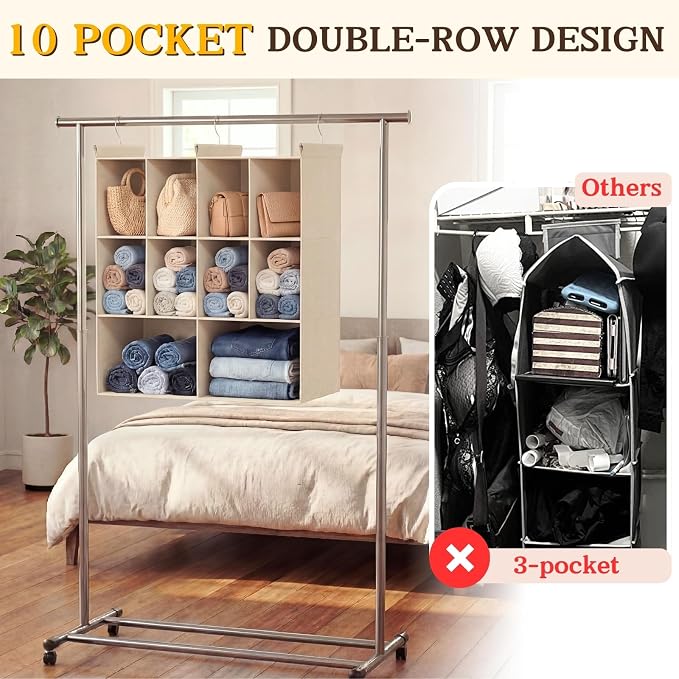 3 Tier Hanging Closet Organizer, 10 Compartments Dual Row Storage, 3 Sturdy - Image 4