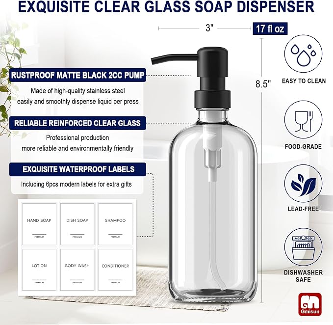 GMISUN Shampoo and Conditioner Dispenser, 3 Pack Clear Glass Bathroom Shampoo - Image 3