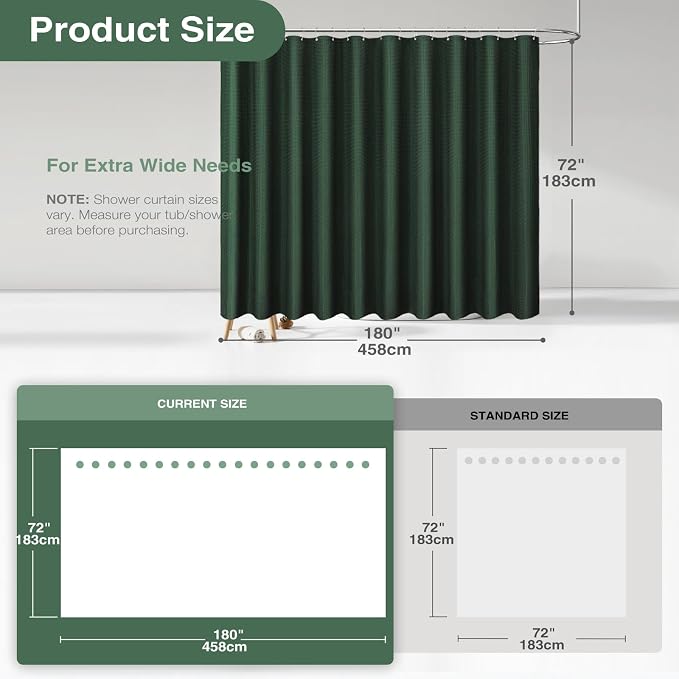Dynamene Extra Wide Waffle Shower Curtain 256 GSM Fabric 180x72 Dark Green - Image 2