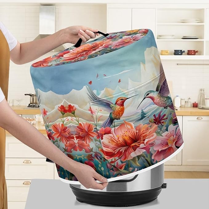 Flashideas Hummingbird Floral Pressure Cooker Cover for Women Insulated Rice Cooker Cover with Easy to Clean Lining Stain Resistant Dust Cover with Pockets for Instant Pot 6 Quart Appliance Cover