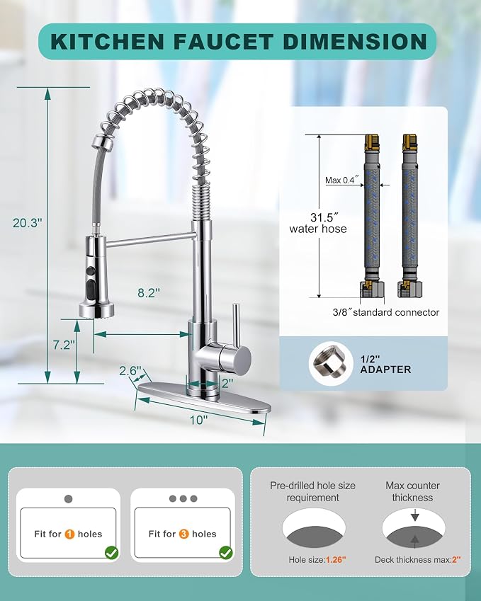 Kitchen Faucet with Pull Down Sprayer: Chrome 3-Function Kitchen Sink Faucet - Image 7