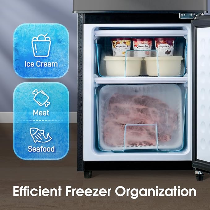 Fridge with Bottom Freezer and Drawer, 4.0 Cu.Ft Double Door Refrigerator with 7 Adjustable Temperature Settings for Bedroom, Dorm, Office, Apartment, Large Capacity, Black