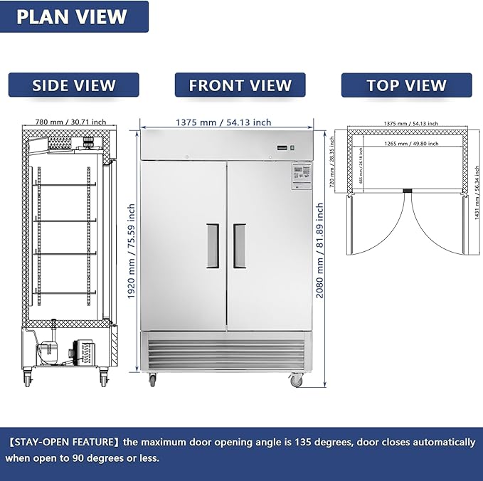 54" W Commercial Refrigerator 2 Section, 2 Solid Door Stainless Steel Reach-in Refrigerator 42.2 Cu.ft, Upright Fan Cooling for Restaurant, Bar, Shop, Home, Business, Kitchen, ETL & DOE
