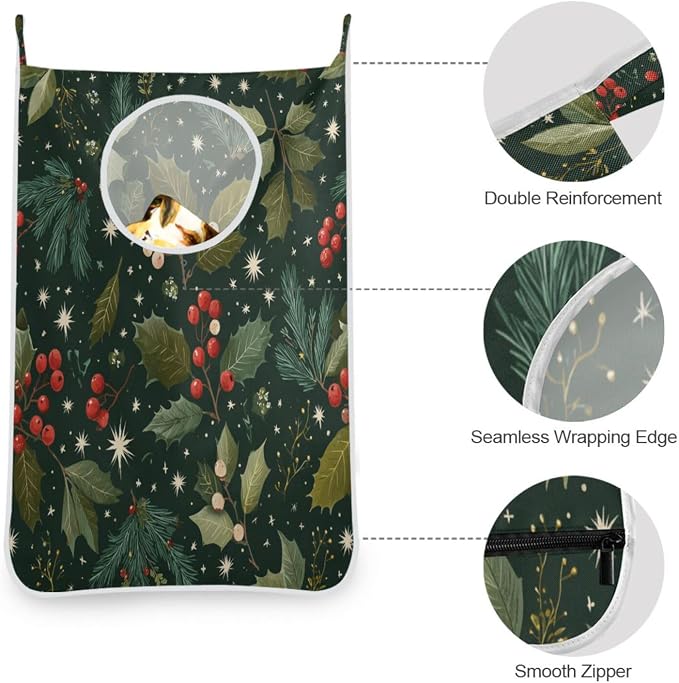 Green Christmas Holly Berries Pine Needles Leaves Hanging Laundry Hamper Door - Image 5