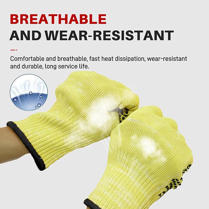Heat Cut Resistant Gloves,Aramid leather Oven Gloves with Fingers,Heat Resistant Up to 550°F, Thick Knit Grill Mitts (silicone beads, Medium)
