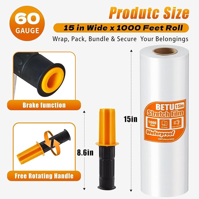Stretch Film Shrink Wrap for Moving Supplies x 1000ft, Industrial Strength - Image 2