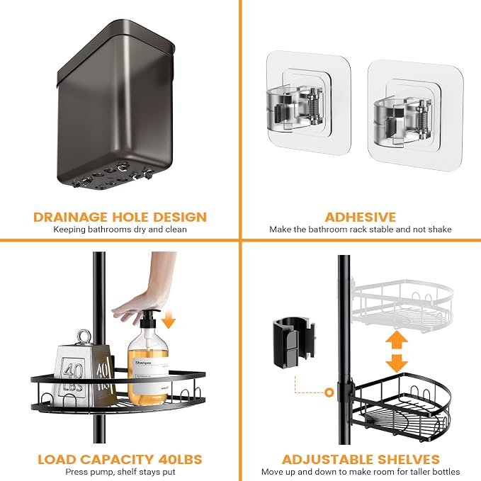 Adjustable Tension Pole Shower Caddy: Rustproof Corner Bathroom Organizer - Image 5