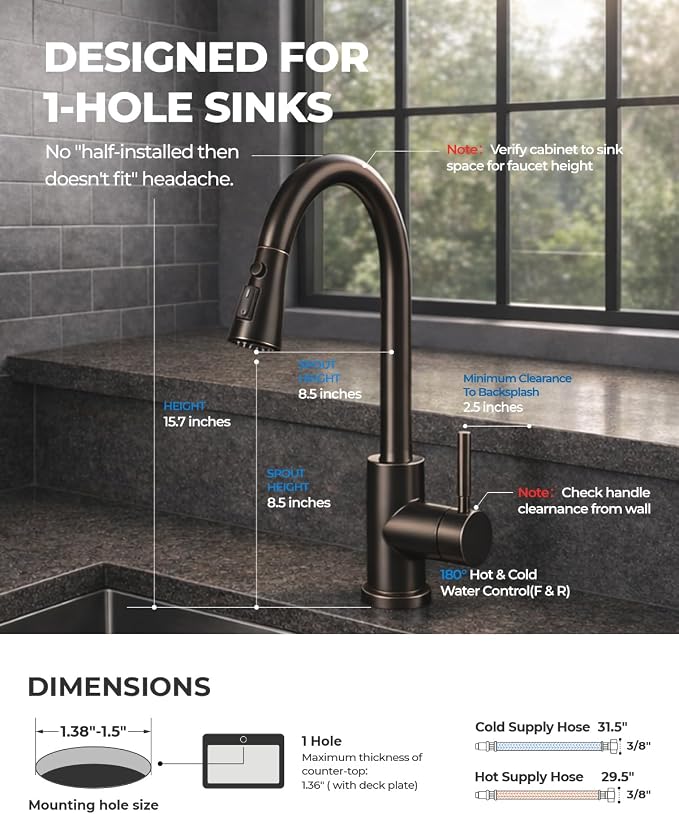 WEWE Pull-Down Kitchen Faucet, 3-Mode Sprayer, Oil Rubbed Bronze, High Arc | - Image 6