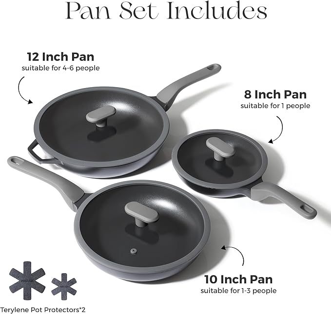 PRICUSIS 8Pcs Nonstick Frying Pan Set with Lid, 8+10+12 Inch Induction Compatible, Stay Cool Handle, Fully Coated, 100% Dishwasher Safe, PFOA Free Omelet Pans, Warp Resistant (Black Sesame)